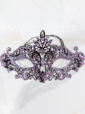 Lavender Rhinestone Masquerade Mask, Black Venetian Face Mask, Costume Mask